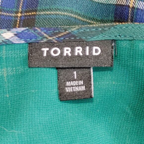 Torrid Chiffon Ruffled Surplice Crop Top Long Sleeve Plaid Green Womens Size 1 - Picture 5 of 8